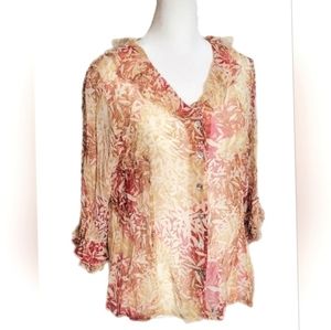 Tess 100% Silk floral blouse button front, ruffle v-neck, 3/4 ruffle sleeve Sz10